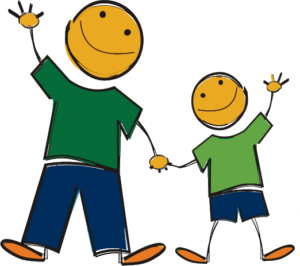 Illustration of an adult and a child holding hands and waving